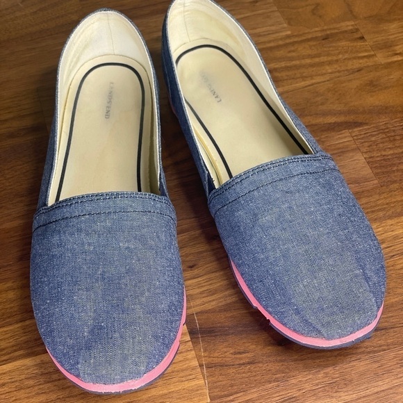 Lands' End Blue Round Toe Flat Denim Pink Sneaker Slip On - Picture 1 of 6